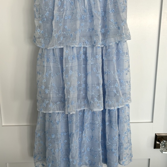 Lulus NWT Vineyard Visit Blue Embroidered Tie-Strap Tiered Midi Dress - Picture 8 of 14